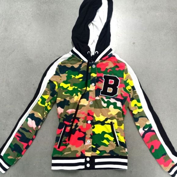 BEBE Colorful Camo Letterman Hoodie XS - Picture 2 of 7